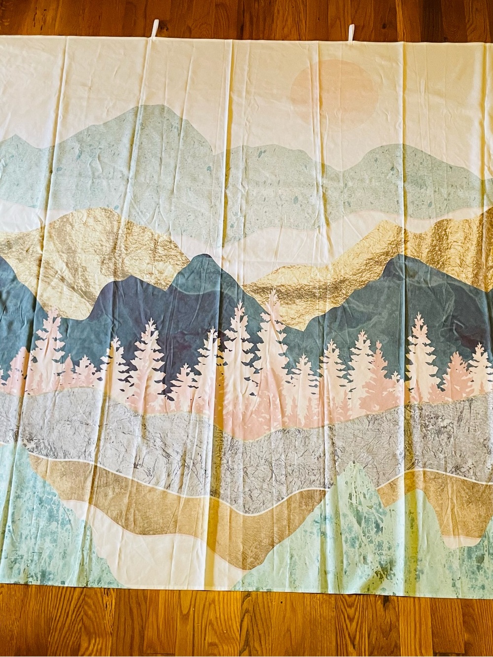 Scenic Mountain Forest Printed Bedding Panel - Pink, Gold, Blue